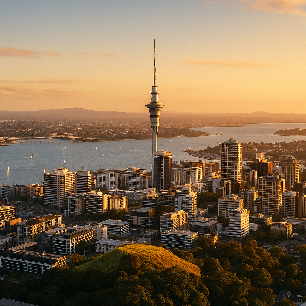 Auckland Sky Tower and harbor views