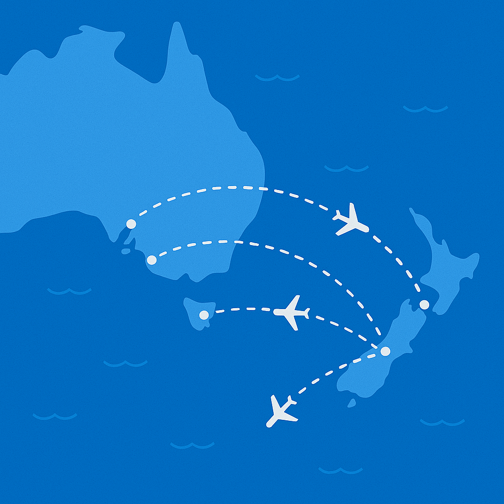 Direct flight path visualization across Tasman Sea